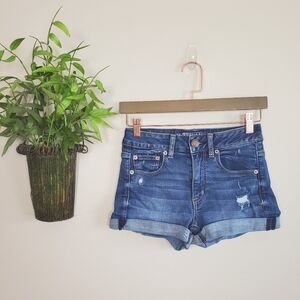 AE 2 Hi Rise Shortie Distressed Medium Wash Rolled Cuffed Shorts American Eagle